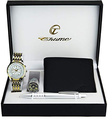 BELLOS Geschenkbox mit Herrenuhr – LED-Lampe – Geldbörse – Stift und Armband, Silber, Gold von BELLOS