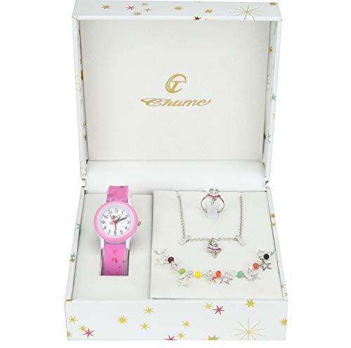 BELLOS Geschenkset Mädchen Armbanduhr Rosa- Schmuck Set Tänzer - Halskette-Ring- Armband von BELLOS