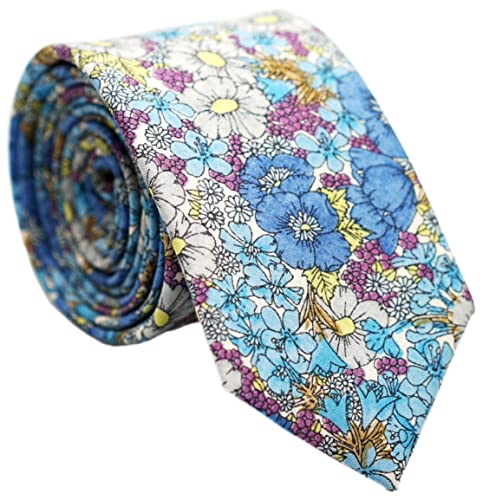 Belluno Floral Skinny Krawatte für Herren, Druck Blumenkrawatte für Hochzeit, Trauzeugen, Missionen, Tanzen, Baumwolle Slim Tie + Geschenkbox, Blaues Stiefmütterchen, Dünn von BELLUNO