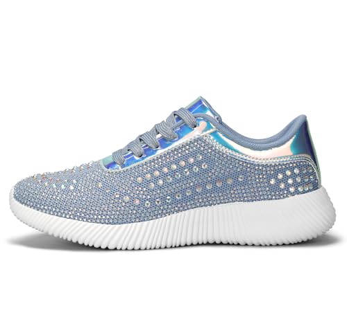 BELOS Damen Glitzer Schuhe Sparkly Leichte Metallic Pailletten Tennisschuhe Casual Retro Geflochtene Walkingschuhe, Denim-blauer Strass, 37.5 EU von BELOS