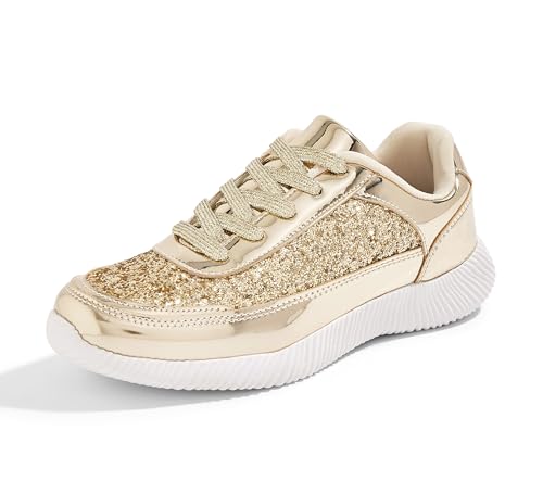 BELOS Damen Glitzer Schuhe Sparkly Leichte Metallic Pailletten Tennisschuhe Casual Retro Geflochtene Walkingschuhe, Gold PU, 37.5 EU von BELOS