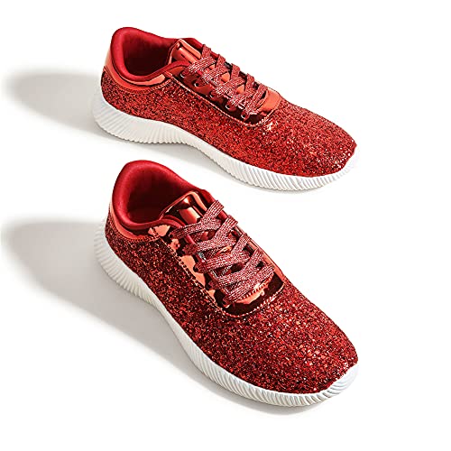 BELOS Damen Glitzer Schuhe Sparkly Leichte Metallic Pailletten Tennisschuhe Casual Retro Geflochtene Walkingschuhe, Rot/Ausflug, einfarbig (Getaway Solids), 41 EU von BELOS
