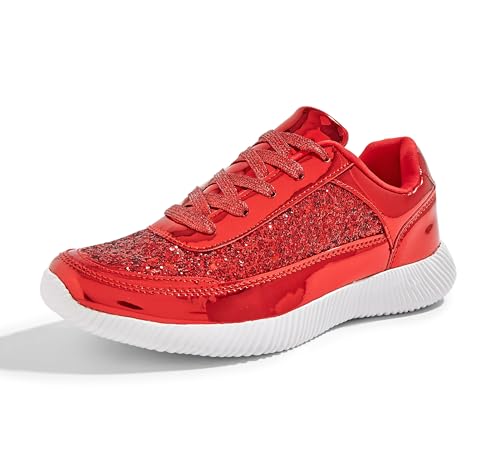 BELOS Damen Glitzer Schuhe Sparkly Leichte Metallic Pailletten Tennisschuhe Casual Retro Geflochtene Walkingschuhe, Rot PU, 39.5 EU von BELOS