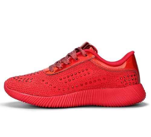 BELOS Damen Glitzer Schuhe Sparkly Leichte Metallic Pailletten Tennisschuhe Casual Retro Geflochtene Walkingschuhe, Rote Strasssteine, 37.5 EU von BELOS