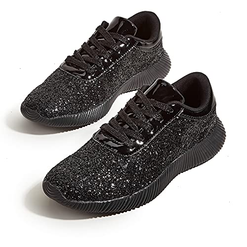 BELOS Damen Glitzer Schuhe Sparkly Leichte Metallic Pailletten Tennisschuhe Casual Retro Geflochtene Walkingschuhe, Schwarz, 9 US von BELOS