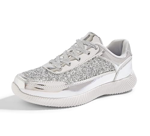 BELOS Damen Glitzer Schuhe Sparkly Leichte Metallic Pailletten Tennisschuhe Casual Retro Geflochtene Walkingschuhe, Silberfarbenes PU., 37.5 EU von BELOS