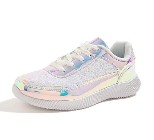 BELOS Damen Glitzer Schuhe Sparkly Leichte Metallic Pailletten Tennisschuhe Casual Retro Geflochtene Walkingschuhe, Weißes Hologramm, 38.5 EU von BELOS