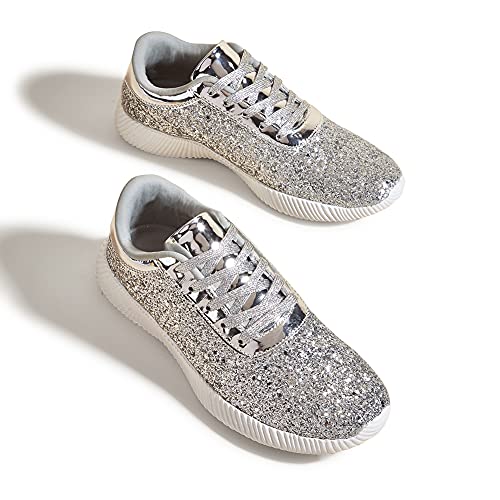 BELOS Damen Glitzer Schuhe Sparkly Leichte Metallic Pailletten Tennisschuhe Casual Retro Geflochtene Walkingschuhe, silber, 42 EU von BELOS