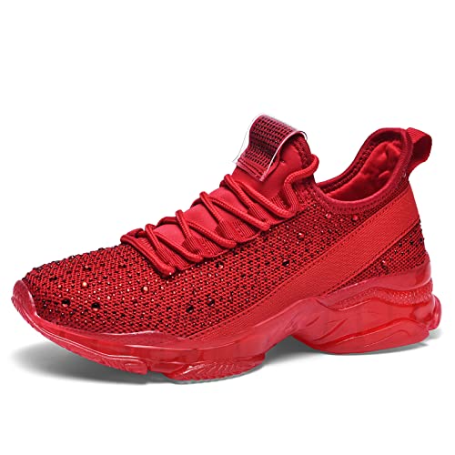 BELOS Damen Mode Strass Mesh Knit Slip On Sneaker Atmungsaktiv Glitzer Wanderschuhe, Rote glänzende Steine, 39 EU von BELOS