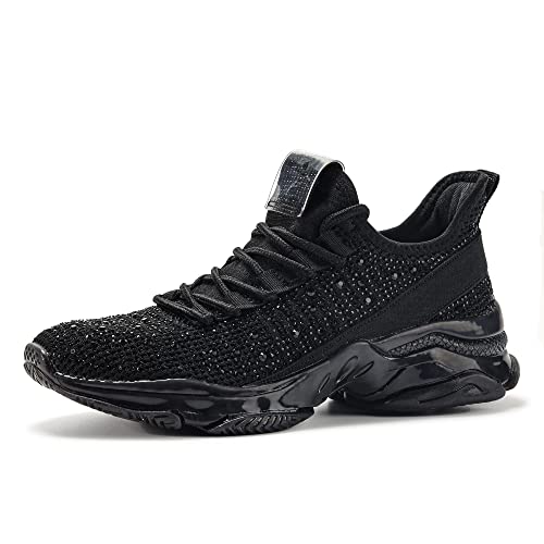 BELOS Damen Mode Strass Mesh Knit Slip On Sneaker Atmungsaktiv Glitzer Wanderschuhe, Schwarze glänzende Steine, 40.5 EU von BELOS