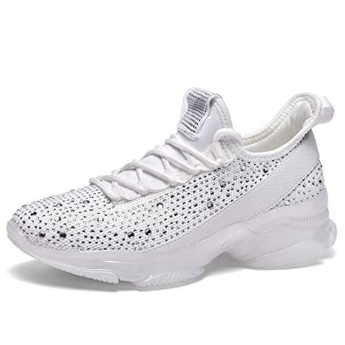 BELOS Damen Mode Strass Mesh Knit Slip On Sneaker Atmungsaktiv Glitzer Wanderschuhe, Weiße glänzende Steine, 40 EU von BELOS