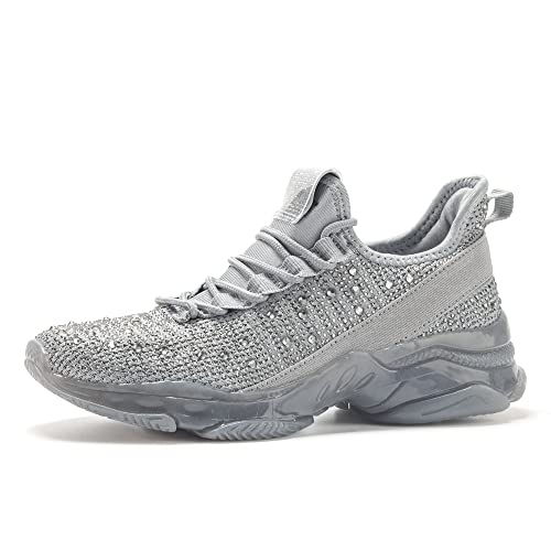 BELOS Damen Mode Strass Mesh Strick Slip On Sneaker Atmungsaktiv Glitzer Wanderschuhe, grau, 39 EU von BELOS