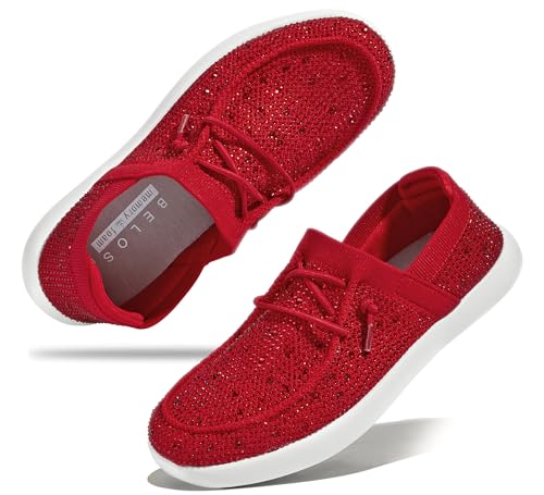 BELOS Damen-Schnürhalbschuhe mit Strasssteinen, bequeme Slip-On-Mesh-Strick-Wanderschuhe, modisch, leicht, glitzernd, Sneaker, Rot/Ausflug, einfarbig (Getaway Solids), 39 EU von BELOS