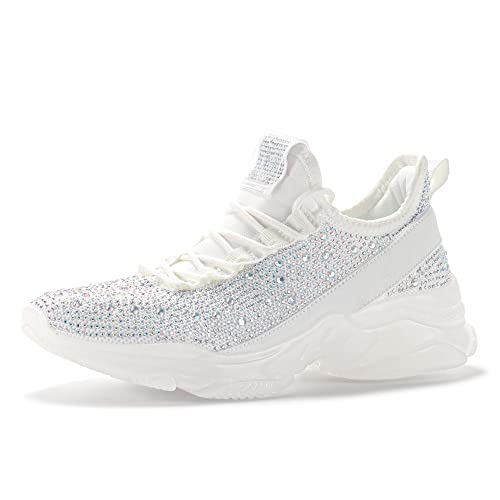 BELOS Damen Strass Mesh Slip On Walking Schuhe Mode Atmungsaktiv Spakle Glitter Sneaker, Weißes Hologramm, 43 EU von BELOS