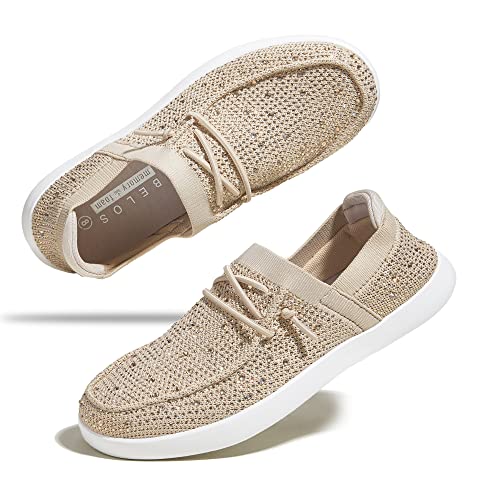 BELOS Damen Strass Schnürhalbschuhe Bequem Slip On Mesh Strick Walking Schuhe Mode Leicht Glitzer Sneaker, Beige, 42 EU BELOS Damen Strass Schnürhalbschuhe Bequem Slip On Mesh Strick Walking Schuhe Mode Leicht Glitzer Sneaker, Beige, 42 EU von BELOS