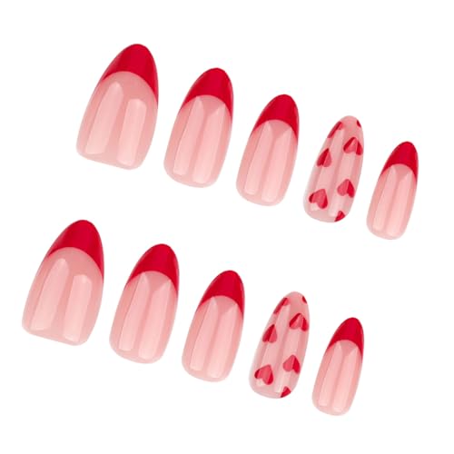 24 Stück French Tip Press on Nails Mandelform Stick On Nails Herz Künstliche Nägel Valentinstag falsche Nägel für Frauen von BELOWSYALER
