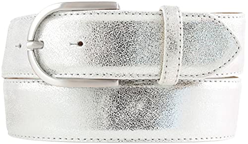 BELTINGER Damen-Gürtel mit Metall-Optik Echt Leder 4 cm | Leder-Gürtel Metallic-Look 40mm glänzend | Metall-Ledergürtel mit runder Gürtelschnalle | Silber 85cm von BELTINGER