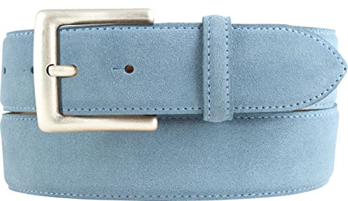 BELTINGER Gürtel aus Veloursleder mit altsilberner Gürtelschnalle 4 cm | Velour-Ledergürtel 40mm | Wildleder-Gürtel alt-silber 4cm | Jeansblau 80cm von BELTINGER