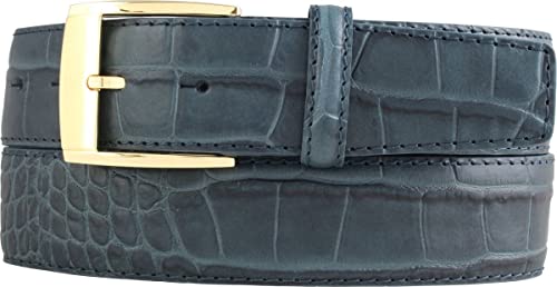 BELTINGER Gürtel mit Krokoprägung und goldener Gürtelschnalle 4 cm | Leder-Gürtel für Damen Herren 40mm Kroko-Muster | Jeansblau 105cm von BELTINGER