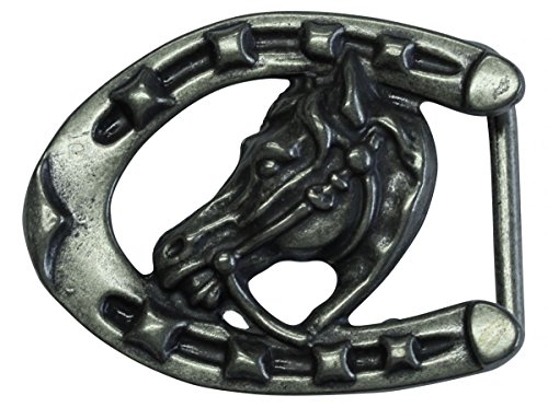 BELTINGER Gürtelschnalle Pferdekopf mit Hufeisen 4,0 cm | Buckle Wechselschließe Gürtelschließe Reitaccessoires 40mm Massiv | für Reit-Outfit | Altsilber von BELTINGER