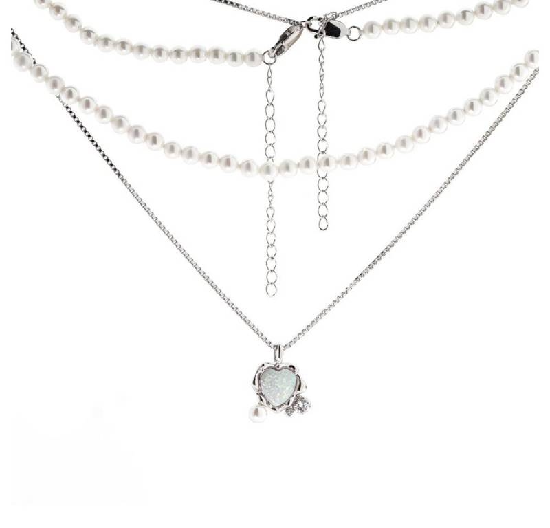 Golders Silberkette Mehrreihige Halskette aus 925 Silber (mit Herzanhänger Perlen und Opal, 1-tlg), Sterling Silber Silberschmuck für Damen von Golders
