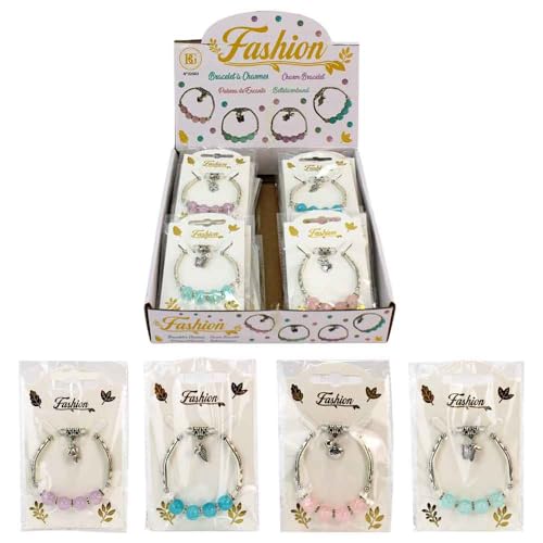 BEMIRO Bettelarmband für Kinder – silberfarbener Look – mit Anhängern & Perlen – 4 Farben sortiert – 24 Stück im Display – elastisch & größenverstellbar – Schmuck Mitgebsel für Mädchen von BEMIRO