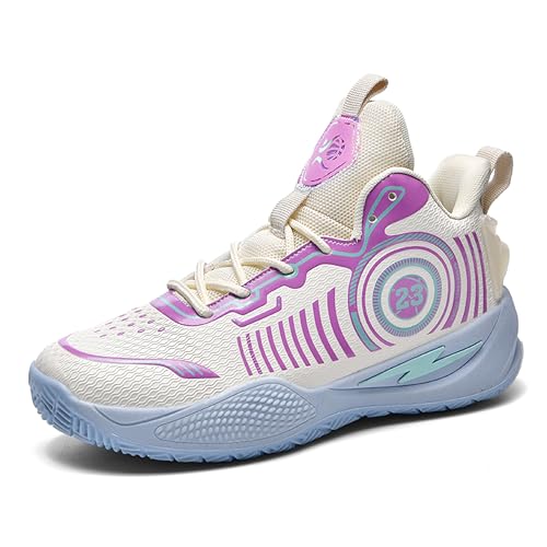 Herren High-Top Basketballschuhe rutschfeste und verschleißfeste Sohlen Laufschuhe Graffiti Design Mode Sportschuhe, Beige-lila, 8.5 Women/7.5 Men von BEMYGREENBAG