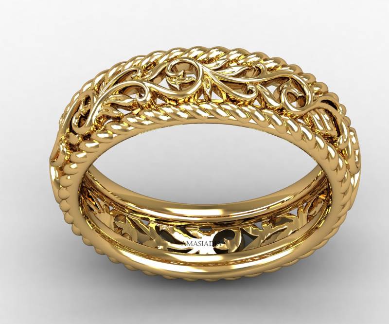 14K Gold Filigrane Blumen Und Seil Design Ehering Ring von BENCHARTISTRY