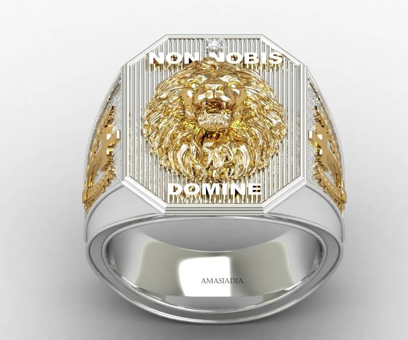 Massives Sterling Silber Und 14K Gelbgold Knight Templar Lion "Non Nobis Domine" Siegelring von BENCHARTISTRY