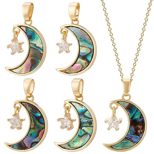 BENECREAT 5 Stück Echter 18K Vergoldeter Mond-Charm-Anhänger Mit Stern Kubischer Zirkonia, Messing Mond-Abalone-Muschel-Charms Schmuckzubehör Für Halskette, Ohrringe Machen, 19x13x2mm von BENECREAT