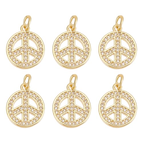 BENECREAT 6 Stück Echte 18K Vergoldete Messing Micro Pave Klare Zirkonia Anhänger, Peace-Zeichen-Symbol-Anhänger Für Armband, Halskette, Schmuckherstellung, 12.5x18 mm von BENECREAT