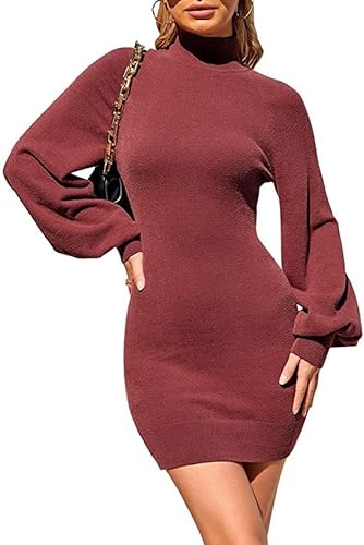 Damen Stehkragen Gerippte Langarm Bodycon Pullover Niedlich Mini Pullover Kleid, C, L von BENGZAN