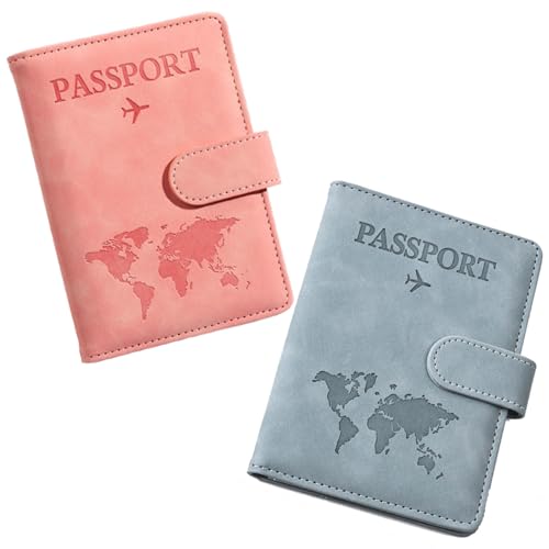 BENIFILE Reisepasshülle, 2 Stück, PU-Leder, Reisebrieftasche mit RFID-blockierendem Reisepasshalter, Organizer, Reise-Must-Haves, Kreditkarten, Boarding-Pässe, Hüllen für Männer und Frauen, rosa/blau, von BENIFILE