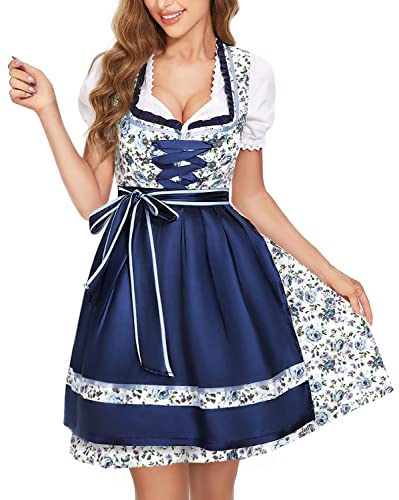 Dirndl Damen midi Trachtenkleid Trachtenrock Trachtenmode Kleid Dirndlbluse für Oktoberfest Blau 40 von BENNIES
