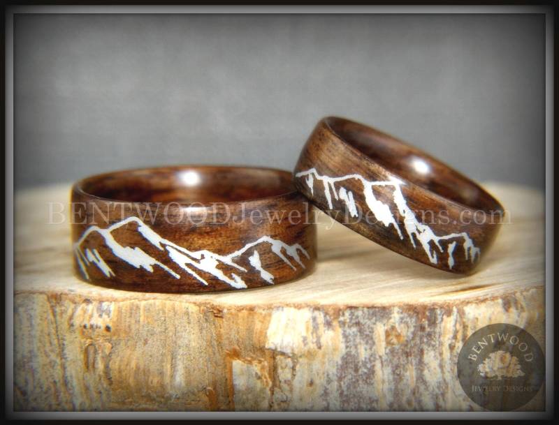 Bentwood Ringe Set - "Silver Mountains" Aus Palisander Mit Silber Inlay Berglandschaft von BENTWOODJewelry
