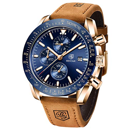 BENYAR Herren Uhren Quarzuhr Fashion Business Sports Wasserdichter Chronograph Geschenk Analoguhr Armbanduhr (Braunblau) von BY BENYAR