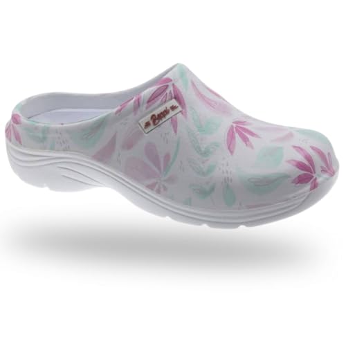 BEPPI Bequeme Clogs für Arbeit und Freizeit, Komfort für jeden Anlass, Krankenhaus, Haus, Küche und Garten, Weiß verziert mit rosa Blättern, 37 EU BEPPI Bequeme Clogs für Arbeit und Freizeit, Komfort für jeden Anlass, Krankenhaus, Haus, Küche und Garten, Weiß verziert mit rosa Blättern, 37 EU von Beppi