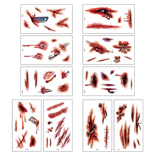 BEPSYOM 10 Blatt Temporäre Tattoos - Halloween Zombie Scars Tattoos Aufkleber mit gefälschten Scab Blut Spezial Fx Kostüm Makeup Stützen von BEPSYOM