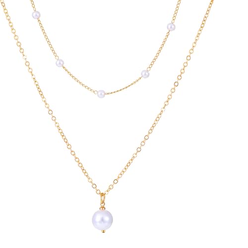 BEPSYOM 2 PCS 14K Gold Perlen Kette Damen Frauen Silber Halskette Silberkette Goldkette Perlenkette Choker Kette Gold Halskette Kette Süßwasserperlen Halskette Frauen Geschenke Schmuck Damen von BEPSYOM