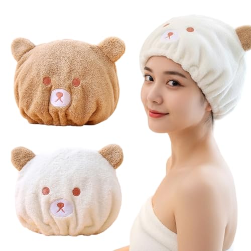 BEPSYOM 2 Stück Mikrofaser Wasserabsorbierend Schnelltrocknende Cartoon Süßes Haarturban Handtuch für Frauen Mädchen Kinder Weiß Braun von BEPSYOM
