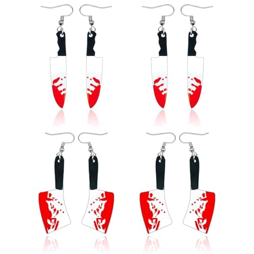 BEPSYOM 4 Paar Halloween Ohrringe Set - Blutiges Messer Design, Schmuck und Accessoires, Damen Geschenk Für Cosplay von BEPSYOM