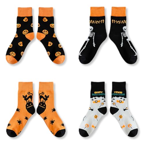 BEPSYOM 4 Paar Lustige Halloween Socken für Männer Frauen Teenager Jungen Neuheit Verrückt Irre Dress Crew Coole Socken Halloween-Geschenke Kostüme von BEPSYOM