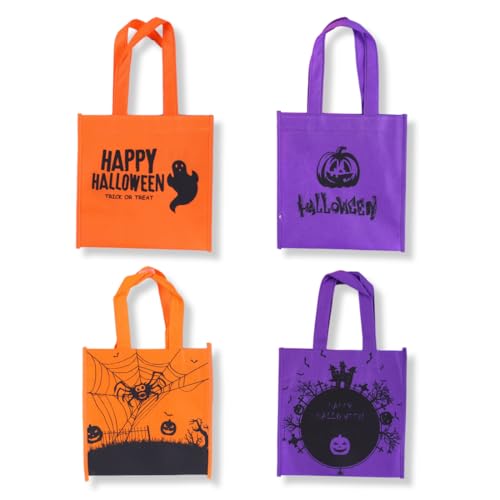 BEPSYOM 4 Pcs Happy Leckerli Taschen Tragetaschen Party Geschenktüten Wiederverwendbar mit Griffen für Halloween Süßes oder Saures Gastgeschenke für Kinder Partytüte Mehrfarbig von BEPSYOM