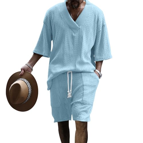 Freizeitset Herren All-Match Trend Lose 2 Stück Shirt Set Kurzarm Temperament Mode Poloshirt Herren Das Neue Revers T-Shirts Kurze Hose Freizeitanzug A-Light Blue1 M von BERCIELY