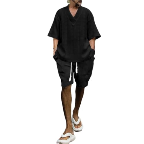 Freizeitset Herren All-Match Trend Lose 2 Stück Shirt Set Kurzarm Temperament Mode Poloshirt Herren Das Neue Revers T-Shirts Kurze Hose Freizeitanzug F-Black1 3XL von BERCIELY