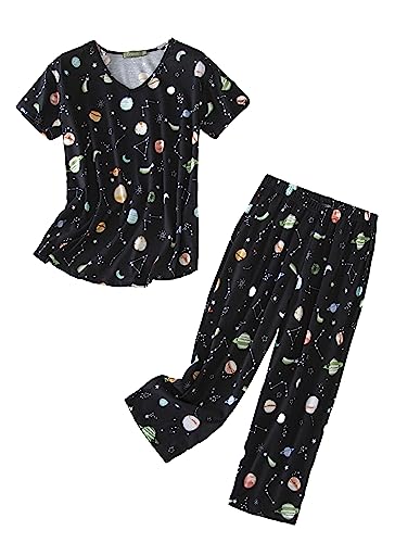 BERDITH Damen Schlafanzug Kurz Sommer Pyjama Baumwollmischung Nachtwäsche Hausanzug 3/4 Lange Capri Hose Sleepshirt Zweiteiliger Damen Nachthemd Kurzarm aus Baumwolle softweich Große Größen von BERDITH