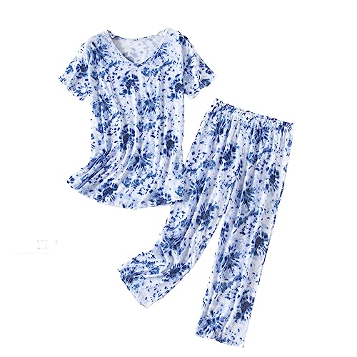 BERDITH Damen Schlafanzug Kurz Sommer Pyjama Baumwollmischung Nachtwäsche Hausanzug 3/4 Lange Capri Hose Sleepshirt Zweiteiliger Damen Nachthemd Kurzarm aus Baumwolle softweich Große Größen von BERDITH