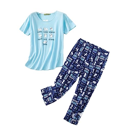 Weite Pyjama Damen Kurz Set,Capri Schlafanzug Sommer Baumwollmischung,Bequemen Lounge Set Zweiteiler Oberteil und 3/4 Hose für Frauen Freizeit Mädchen Women Nachthemd,Blaue Katze Größe 52-54 von BERDITH