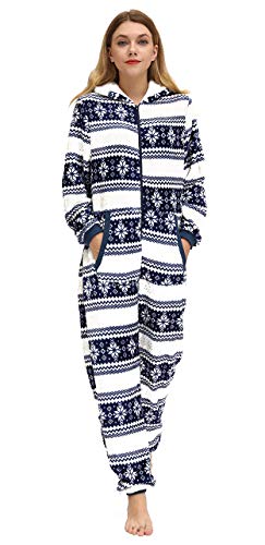 BERDITH Jumpsuit Onesie Damen Schlafoveralls Weihnachten mit Kapuze Trainingsanzug Einteiler Pyjamas Kuscheliges Schlafanzug Langarm Strampler Xmas für Frauen Mädchen, Blaue Schneeflocke L 44-46 von BERDITH