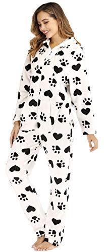 BERDITH Pyjama Damen Einteiler Jumpsuit Onesie Schlafoveralls mit Kapuze Kuscheliges Schlafanzug Langarm Strampler mit Reißverschluss für Frauen Mädchen, Weiß 48-50 von BERDITH